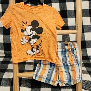 Boys Disney Mickey Mouse outfit set of orange shirt and plaid shorts size 5T